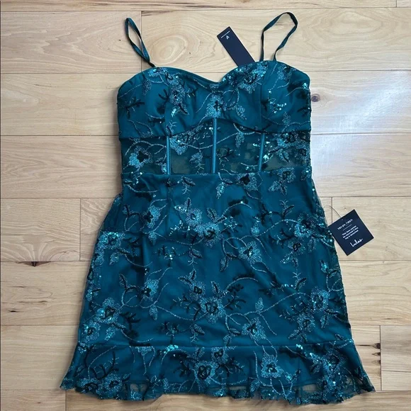 NWT Lulus Glittering Emerald Mesh Sequin Embroidered Mini Dress | Size Large - Picture 2 of 8